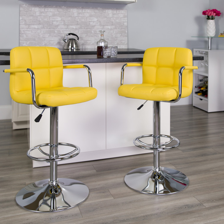 Contemporary Yellow Quilted Vinyl Adjustable Height Barstool with Arms and Chrome Base