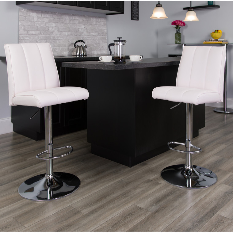 Contemporary White Vinyl Adjustable Height Barstool with Vertical Stitch Panel Back and Chrome Base