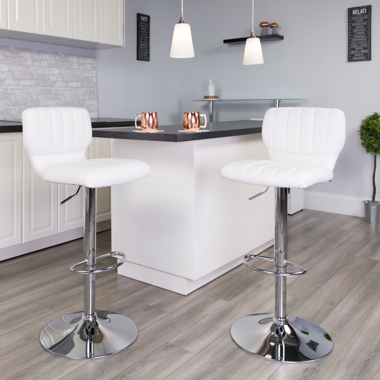 Contemporary White Vinyl Adjustable Height Barstool with Vertical Stitch Back and Chrome Base