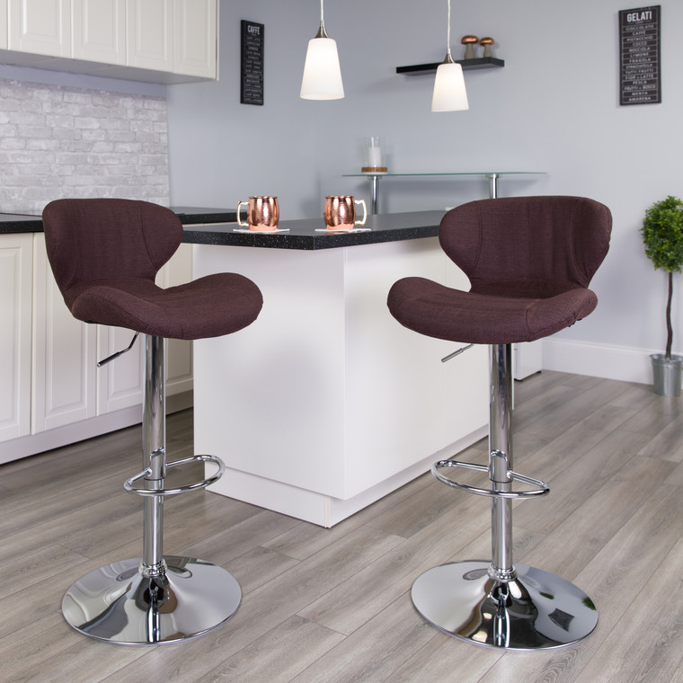 Contemporary Brown Fabric Adjustable Height Barstool with Curved Back and Chrome Base
