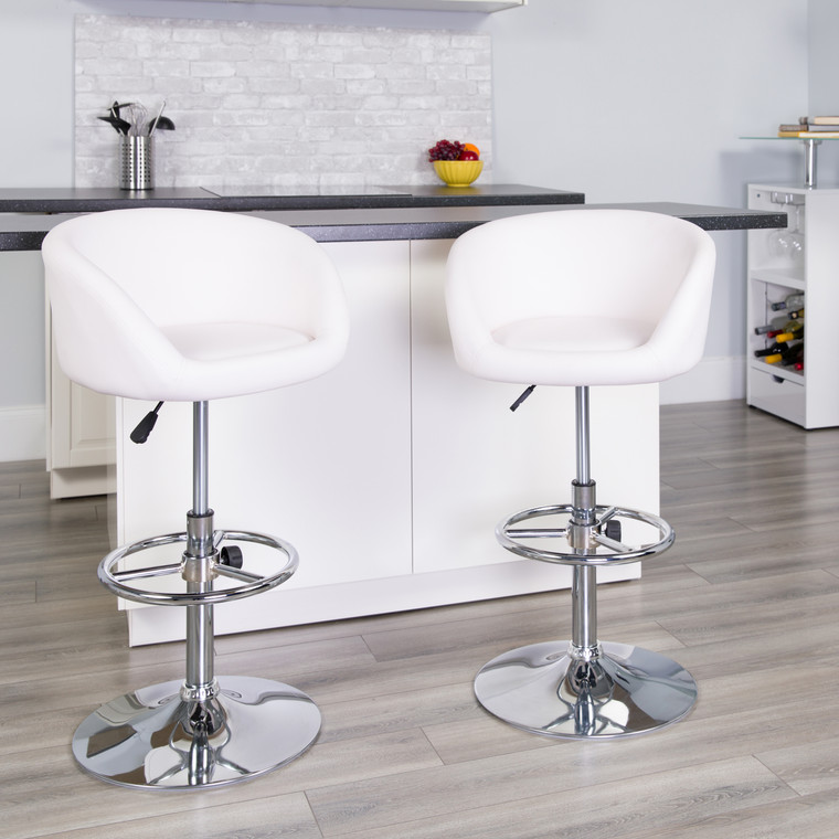 Contemporary White Vinyl Adjustable Height Barstool with Barrel Back and Chrome Base
