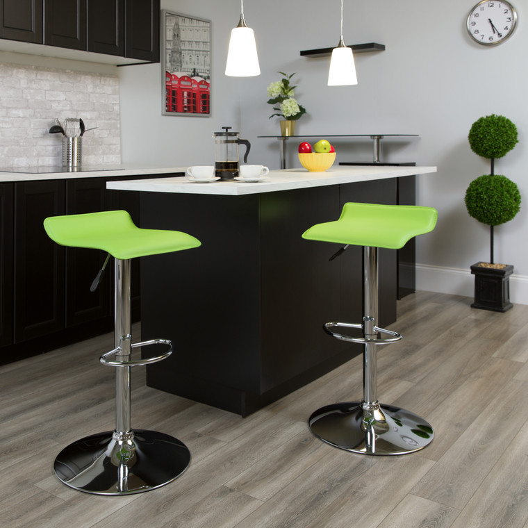 Contemporary Green Vinyl Adjustable Height Barstool with Solid Wave Seat and Chrome Base