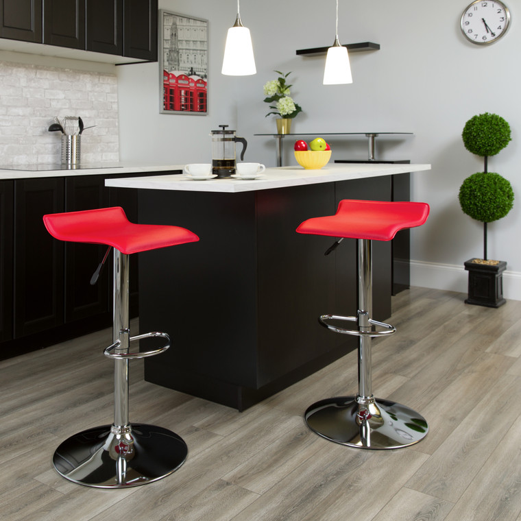 Contemporary Red Vinyl Adjustable Height Barstool with Solid Wave Seat and Chrome Base