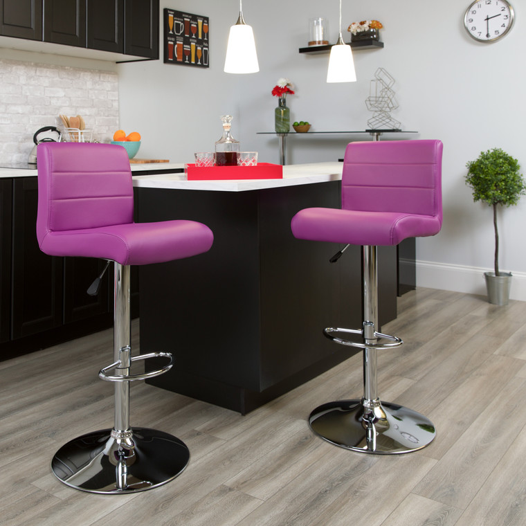Contemporary Purple Vinyl Adjustable Height Barstool with Rolled Seat and Chrome Base Contemporary Purple Vinyl Adjustable Height Barstool with Rolled Seat and Chrome Base
