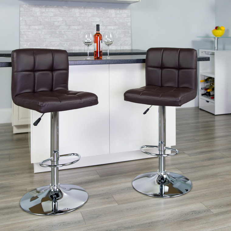 Contemporary Brown Quilted Vinyl Adjustable Height Barstool with Chrome Base