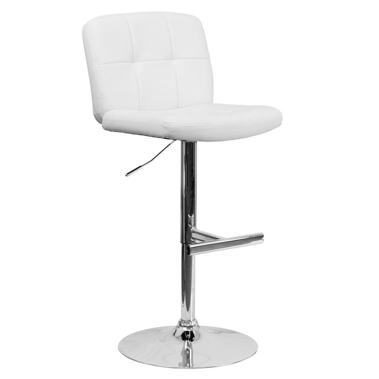 Contemporary White Vinyl Adjustable Height Barstool with Square Tufted Back and Chrome Base