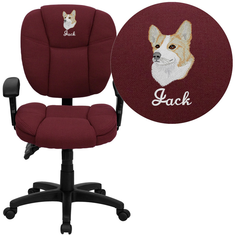 Embroidered Mid-Back Burgundy Fabric Multifunction Pillow Cushioned Ergonomic Task Office Chair with Arms