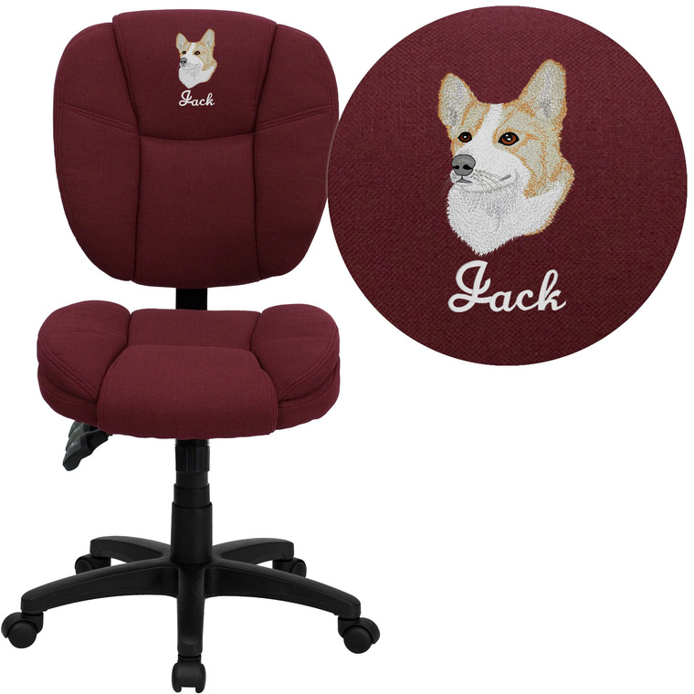 Embroidered Mid-Back Burgundy Fabric Multifunction Swivel Ergonomic Task Office Chair with Pillow Top Cushioning