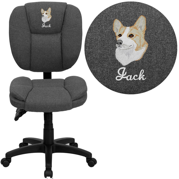 Embroidered Mid-Back Gray Fabric Multifunction Swivel Ergonomic Task Office Chair with Pillow Top Cushioning