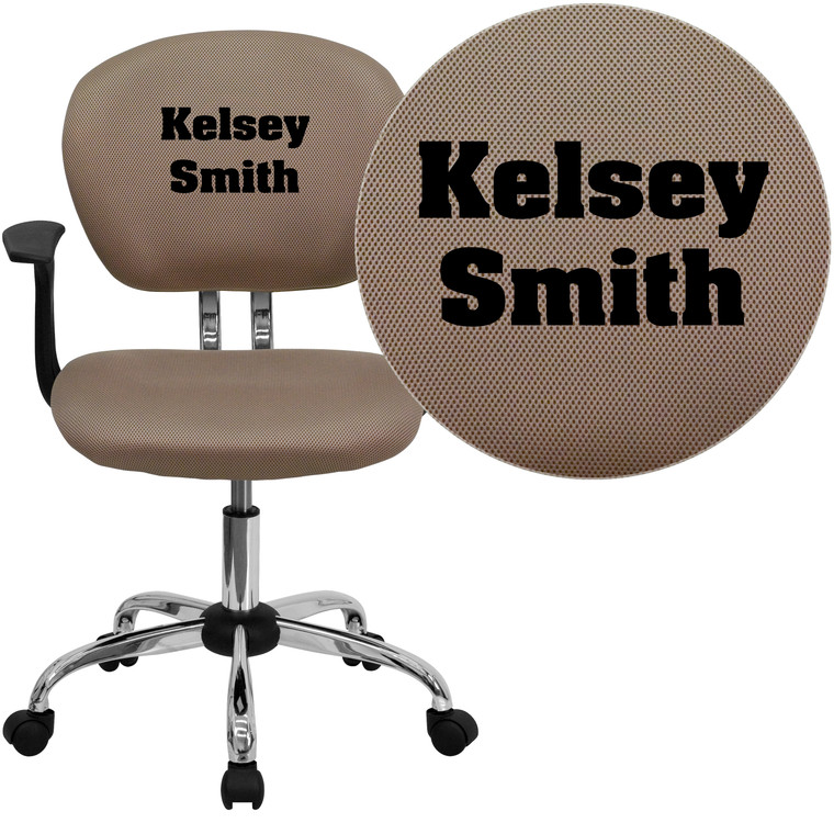 Embroidered Mid-Back Coffee Brown Mesh Padded Swivel Task Office Chair with Chrome Base and Arms