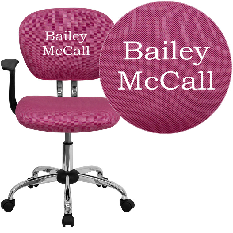 Embroidered Mid-Back Pink Mesh Padded Swivel Task Office Chair with Chrome Base and Arms