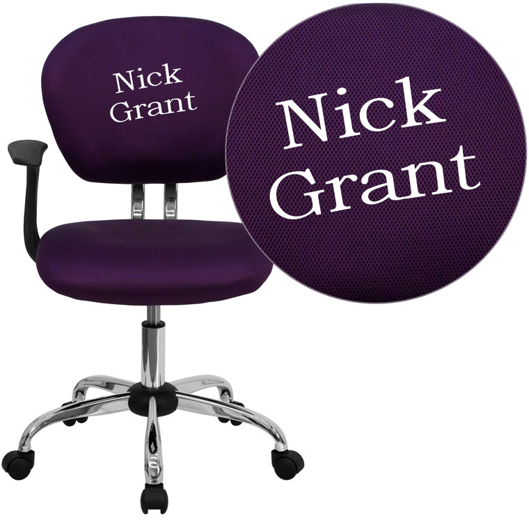 Embroidered Mid-Back Purple Mesh Padded Swivel Task Office Chair with Chrome Base and Arms