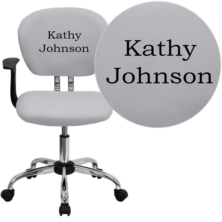Embroidered Mid-Back White Mesh Padded Swivel Task Office Chair with Chrome Base and Arms