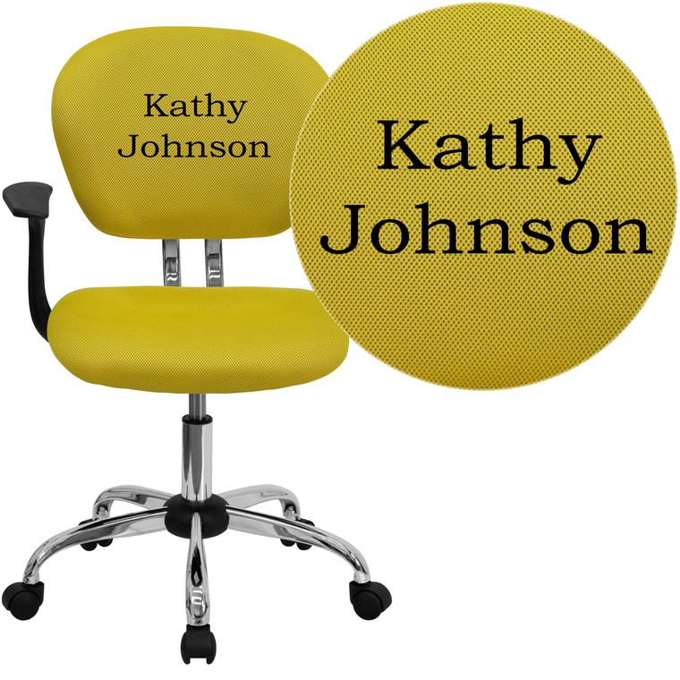 Embroidered Mid-Back Yellow Mesh Padded Swivel Task Office Chair with Chrome Base and Arms