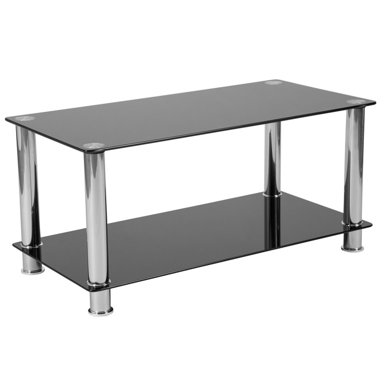 Riverside Collection Black Glass Coffee Table with Shelves and Stainless Steel Frame