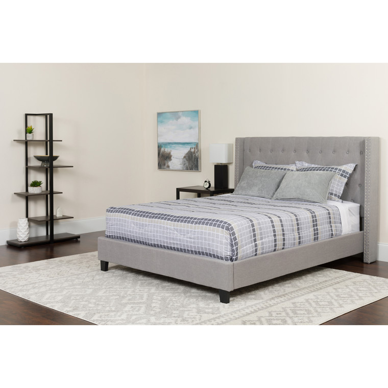 Riverdale King Size Tufted Upholstered Platform Bed in Light Gray Fabric with Memory Foam Mattress Riverdale King Size Tufted Upholstered Platform Bed in Light Gray Fabric with Memory Foam Mattress