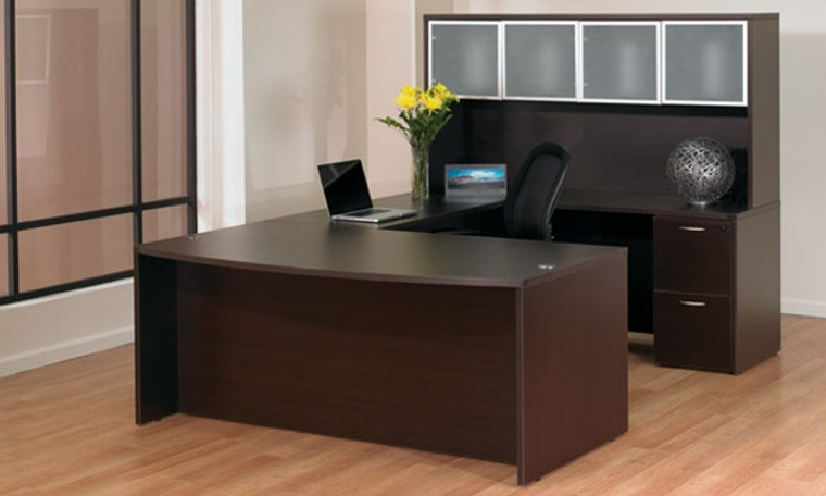 Napa Espresso Bowfront Executive U-Shape Desk with Glass Door Hutch