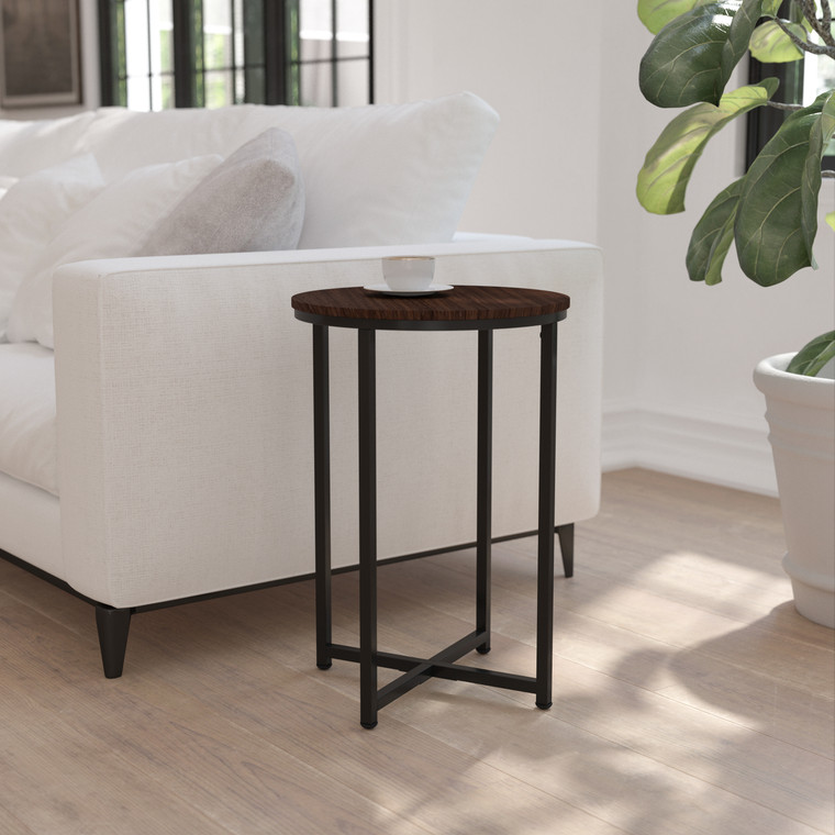 Hampstead Collection End Table - Modern Walnut Finish Accent Table with Crisscross Matte Black Frame