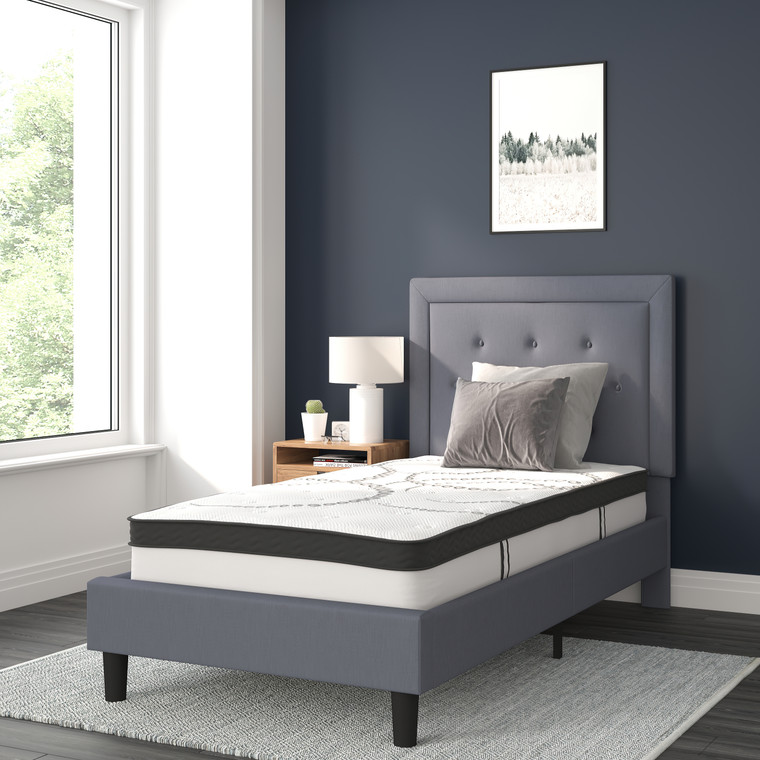 Roxbury Twin Size Tufted Upholstered Platform Bed in Light Gray Fabric with 10 Inch CertiPUR-US Certified Pocket Spring Mattress Roxbury Twin Size Tufted Upholstered Platform Bed in Light Gray Fabric with 10 Inch CertiPUR-US Certified Pocket Spring Mattress