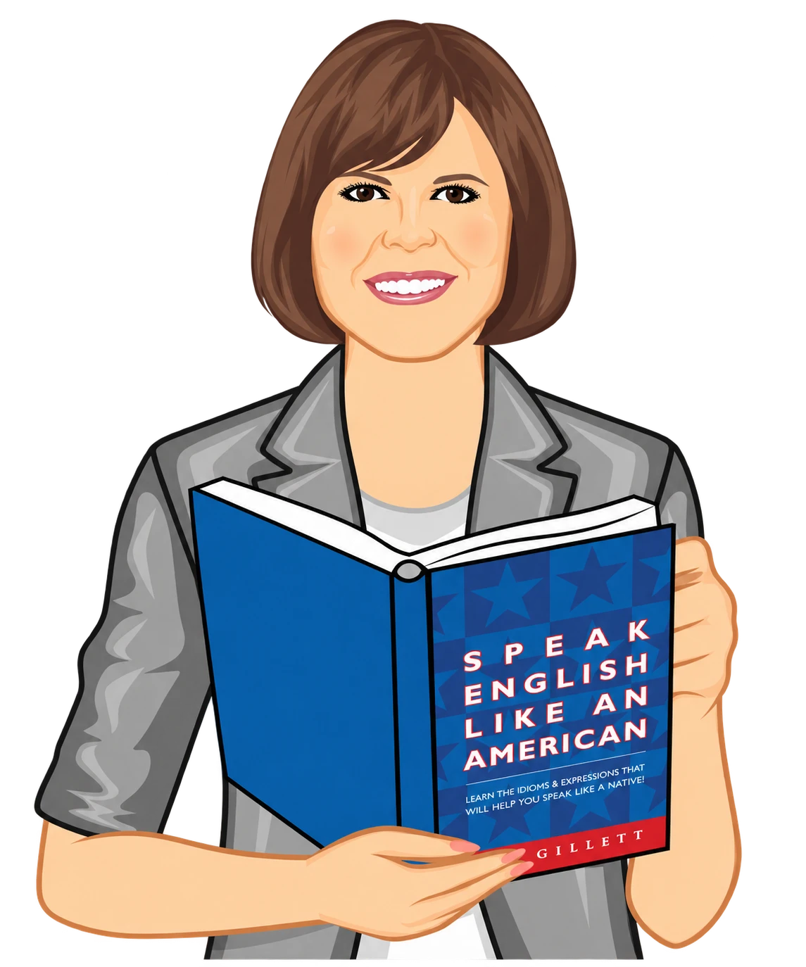 Illustration of Amy Gillett holding Speak English Like an American