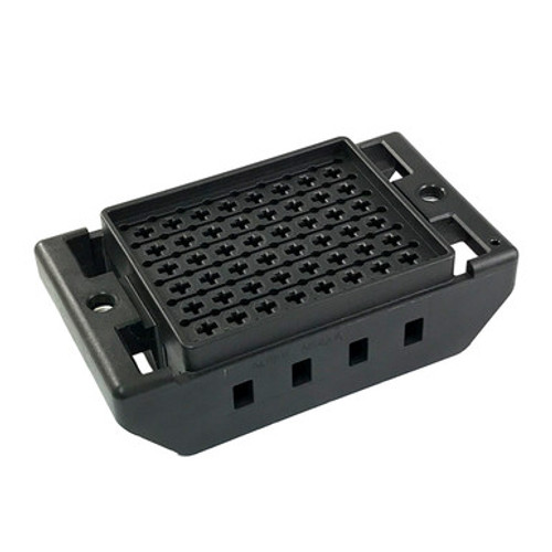 Angled view of Chief Enterprises C749 48-Way BRIC Base power distribution module in black thermoplastic housing, featuring multiple cavity slots for fuses, relays, and diodes—engineered for custom vehicle electrical systems.