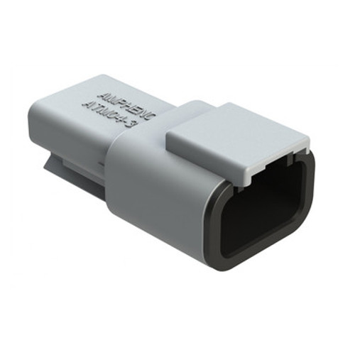 Amphenol ATM04-3P 3-position male plug connector in grey, featuring a compact rectangular housing for automotive and industrial applications.