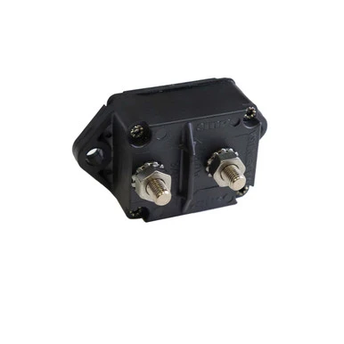Front-facing image of the Mechanical Products Series 19 circuit breaker (19A-P10-N-090-02) with waterproof panel-mount housing, automatic reset thermal protection, and heavy-duty stud terminals for automotive and industrial DC systems.