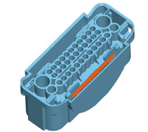 Blue Bosch 1928405772 EuCon 38P-CBO contact housing with multiple terminal cavities and visible orange secondary lock, designed for sealed wire-to-device automotive applications