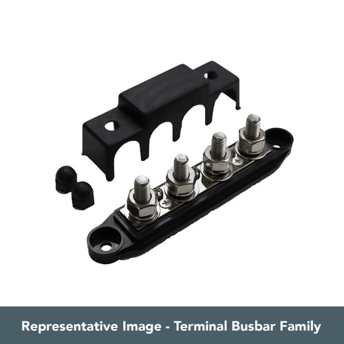 Representative image of a VTE electrical terminal busbar series product with four threaded studs and a protective cover