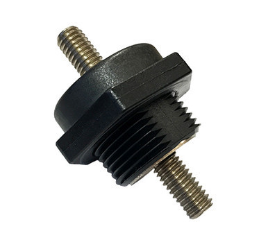 Representative VTE power bushing with threaded electrical terminals and red insulating base