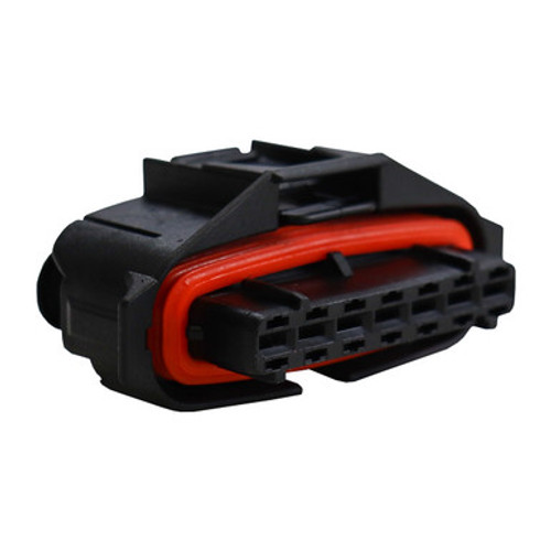 Front view of Bosch 1928403742 sealed automotive connector in black with red secondary lock, showing terminal ports and wire entry seals — ideal for 2-pin applications in powertrain and engine systems.