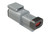 Front angled view of Amphenol ATM04-2P RA120 2-position right-angle sealed automotive connector in gray housing