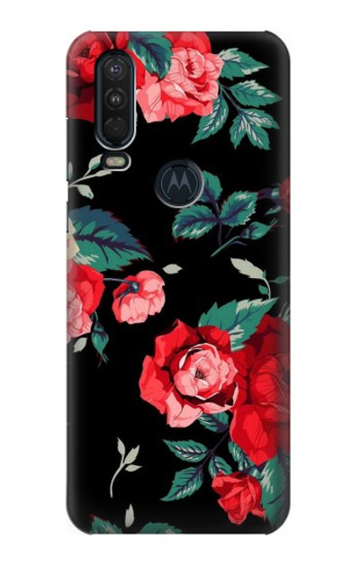 S3112 Rose Floral Pattern Black Case Cover Custodia per Motorola One Action (Moto P40 Power)