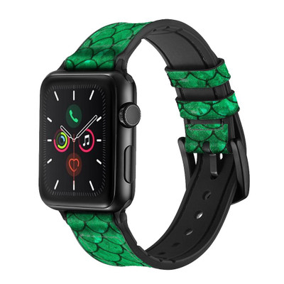 CA0413 Green Fish Scale Pattern Graphic Leather & Silicone Smart Watch Band Strap For Apple Watch iWatch