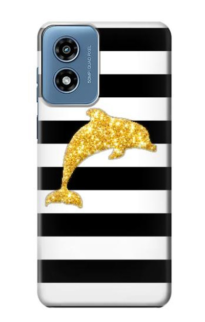 S2882 Black and White Striped Gold Dolphin Case Cover Custodia per Motorola Moto G Play 4G (2024)