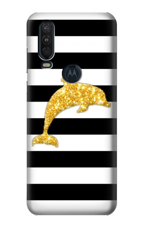 S2882 Black and White Striped Gold Dolphin Case Cover Custodia per Motorola One Action (Moto P40 Power)