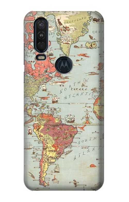 S3418 Vintage World Map Case Cover Custodia per Motorola One Action (Moto P40 Power)