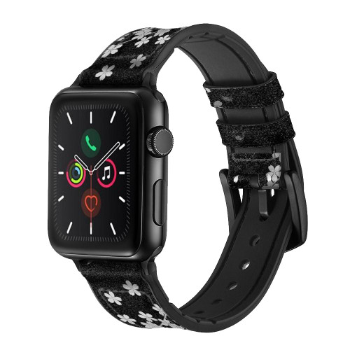 CA0368 Japanese Kimono Style Black Flower Pattern Leather & Silicone Smart Watch Band Strap For Apple Watch iWatch