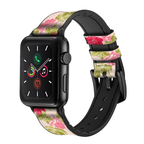 CA0549 Pretty Rose Cottage Flora Leather & Silicone Smart Watch Band Strap For Apple Watch iWatch