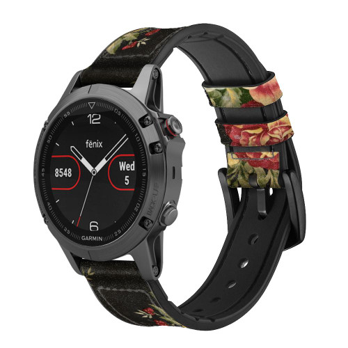 CA0536 Vintage Antique Roses Cinturino in pelle e silicone Smartwatch per Garmin Smartwatch