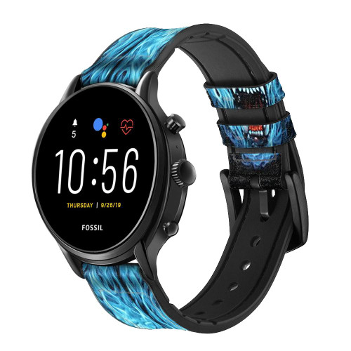 CA0093 Blue Fire Grim Wolf Cinturino in pelle e silicone Smartwatch per Fossil Smartwatch