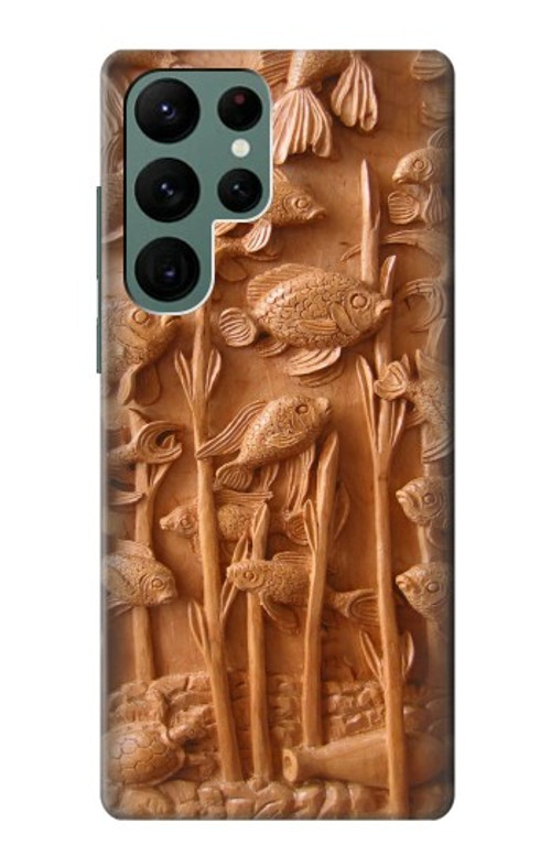 S1307 Fish Wood Carving Graphic Printed Case Cover Custodia per Samsung Galaxy S22 Ultra