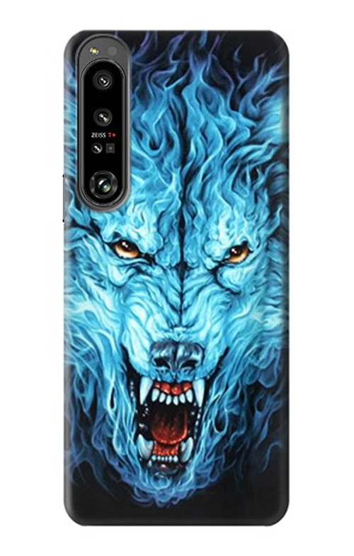 S0752 Blue Fire Grim Wolf Case Cover Custodia per Sony Xperia 1 IV S0752 Blue Fire Grim Wolf Case Cover Custodia per Sony Xperia 1 IV