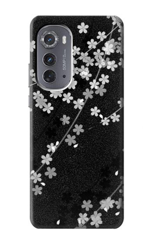S2544 Japanese Kimono Style Black Flower Pattern Case Cover Custodia per Motorola Edge (2022)