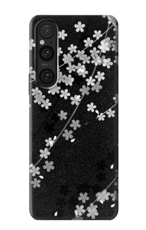S2544 Japanese Kimono Style Black Flower Pattern Case Cover Custodia per Sony Xperia 1 V S2544 Japanese Kimono Style Black Flower Pattern Case Cover Custodia per Sony Xperia 1 V