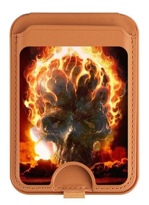 S0863 Hell Fire Skull Magnetic Card Holder Wallet Stand with MagSafe for iPhone 16 15 14 13 Pro Max