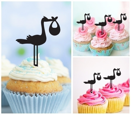 TA0488 Stork Bird Flying Holding Newborn Baby Acrilico Cupcake Topper Torte e Muffin per Matrimonio Compleanno Festa Decorazione 10 pezzi