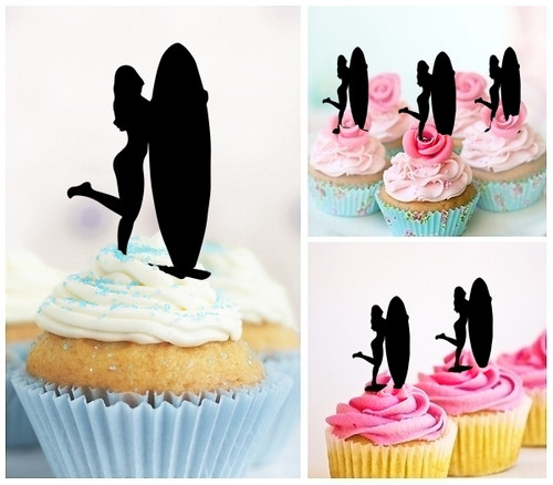 TA0761 Surfboard Girl Acrilico Cupcake Topper Torte e Muffin per Matrimonio Compleanno Festa Decorazione 10 pezzi