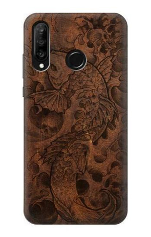 S3405 Fish Tattoo Leather Graphic Print Case Cover Custodia per Huawei P30 lite