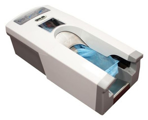Automatic shoe cover dispenser by Shoe Inn, holds 110 booties
